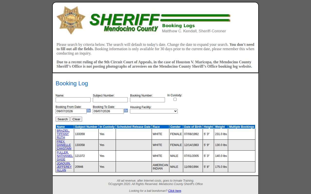 Mendocino County arrest roster and booking photo policy