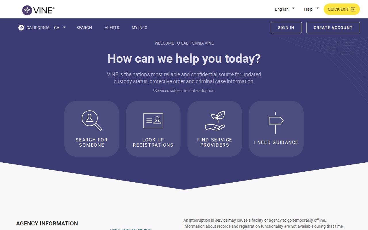 California VINE and VINELink statewide entry page used for custody information