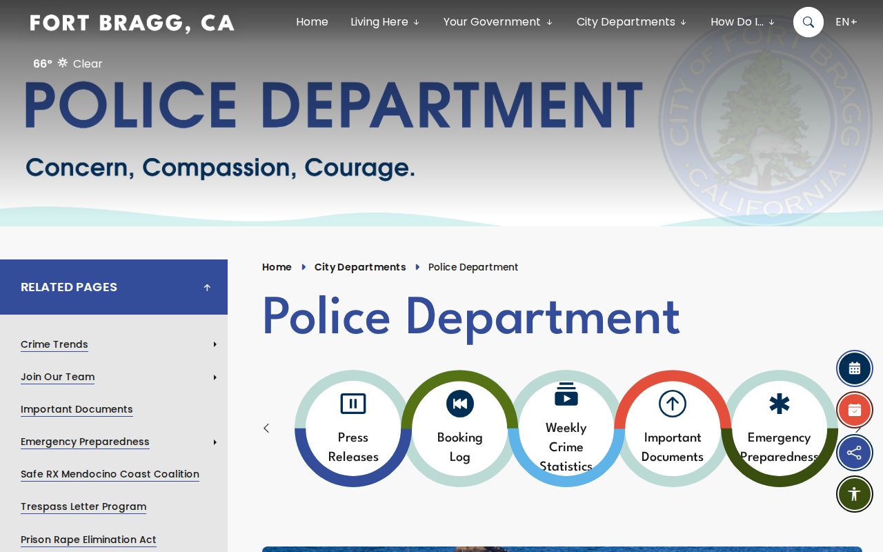 Fort Bragg Police Department official arrest records page in Mendocino County