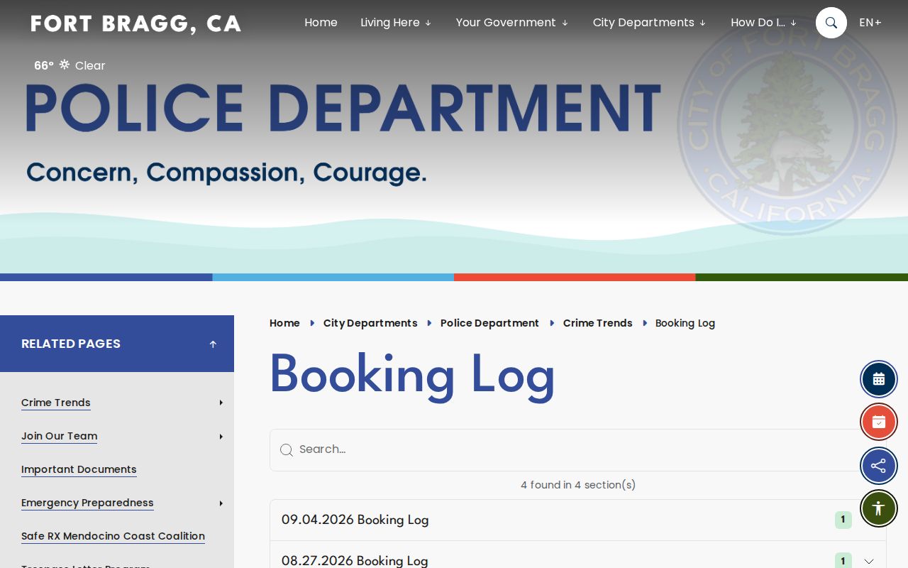 Fort Bragg Police arrest booking log archive in Mendocino County