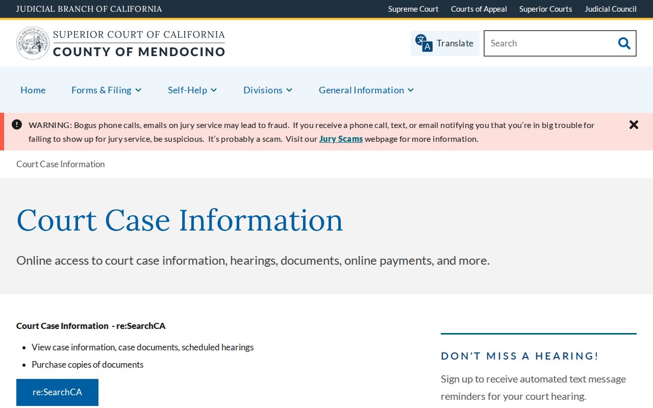 Mendocino Superior Court arrest case record portal