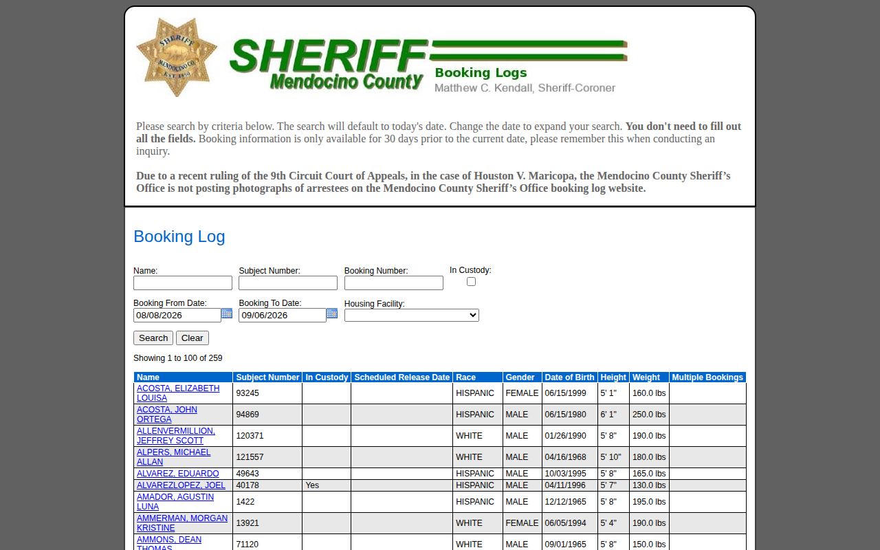Mendocino County Booking Log interface displaying a multi-day booking date range
