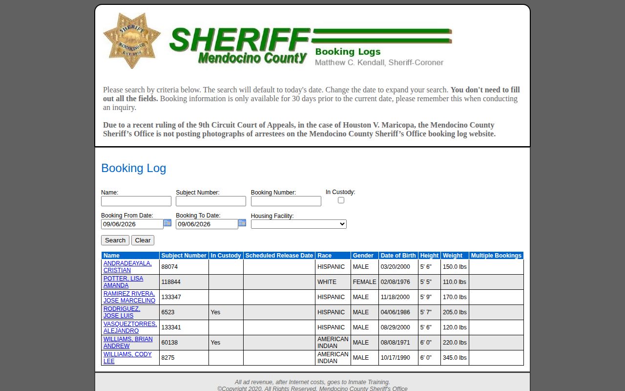 Mendocino County recent arrest Booking Log date search
