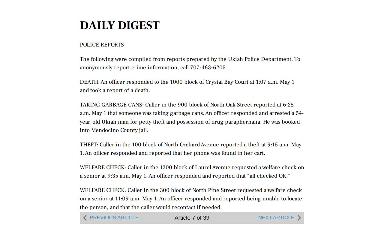 Ukiah Daily Journal daily digest interface with local police-report coverage