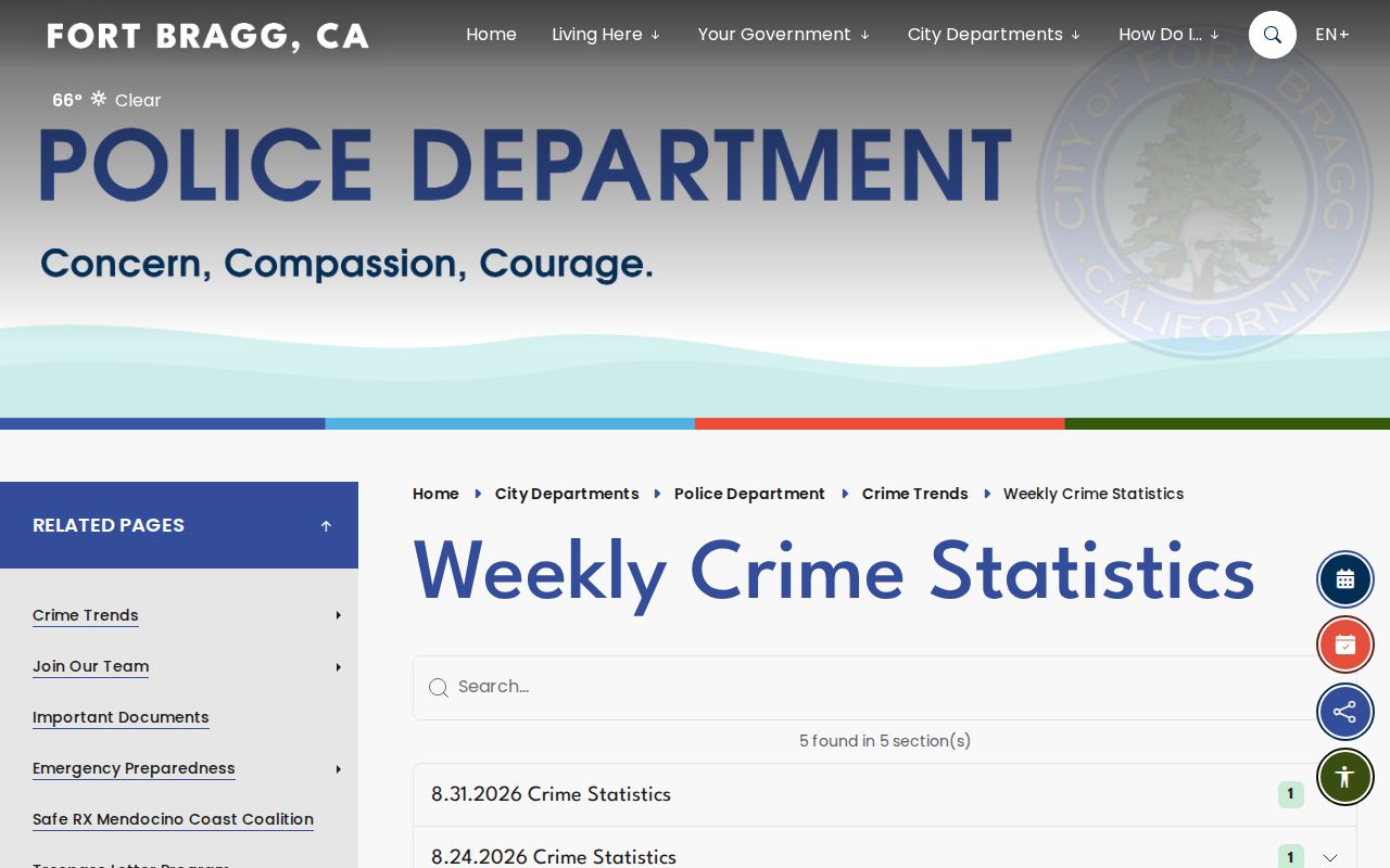 Fort Bragg Police weekly crime statistics webpage for local trend context